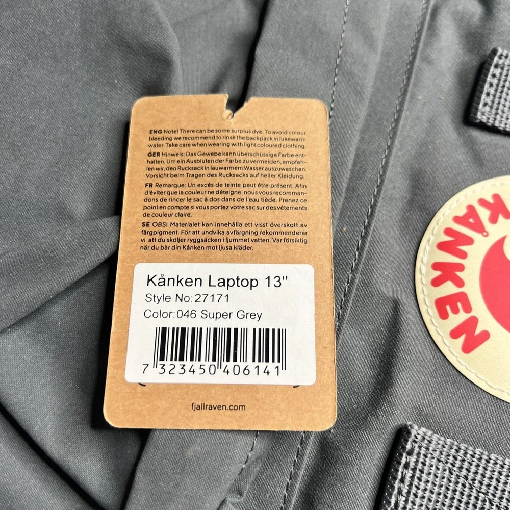 Fjallraven Kanken Laptop 13 Backpack Super Grey 27171 Padded Straps NWT